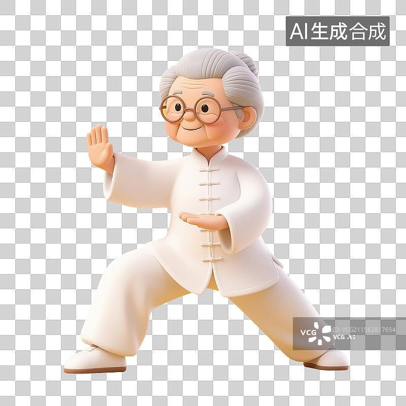 【AI数字艺术】3D渲染卡通人物，老人，退休老人，打太极拳的老奶奶，八段锦，五禽戏，锻炼，运动，休闲娱乐活动免抠元素图片素材