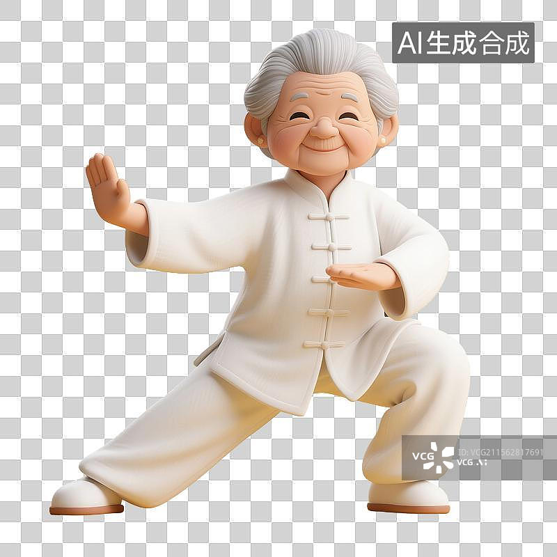 【AI数字艺术】3D渲染卡通人物，老人，退休老人，打太极拳的老奶奶，八段锦，五禽戏，锻炼，运动，休闲娱乐活动免抠元素图片素材