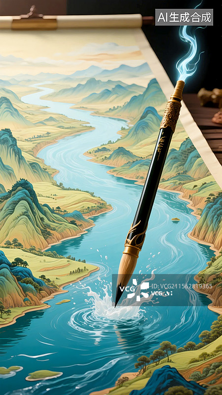 【AI数字艺术】一支神笔正在绘出国风山河图图片素材