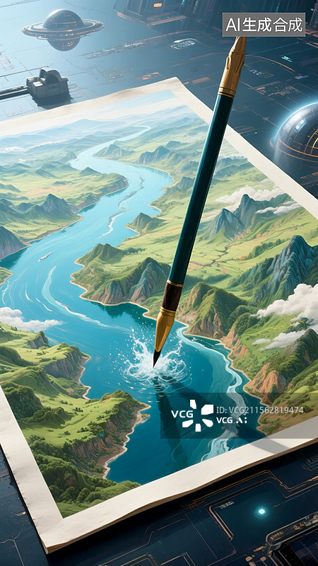 【AI数字艺术】一支神笔正在绘出国风山河图图片素材
