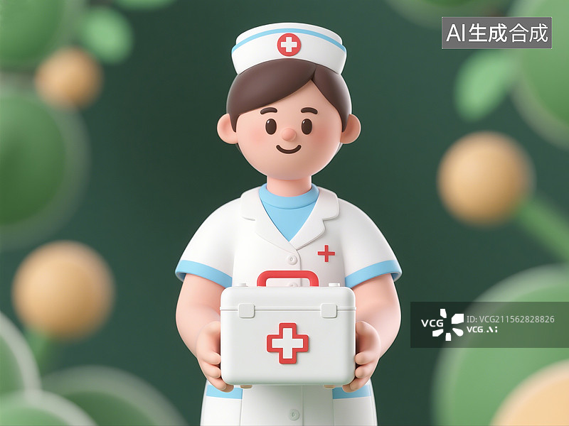 【AI数字艺术】3D渲染卡通人物，护士手里拿着急救箱，医院医疗医药安全保险，劳动节，护士节图片素材