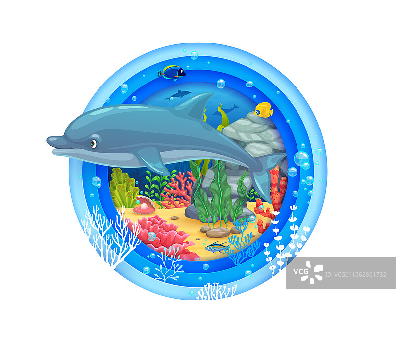 海底风景与海豚剪纸横幅图片素材