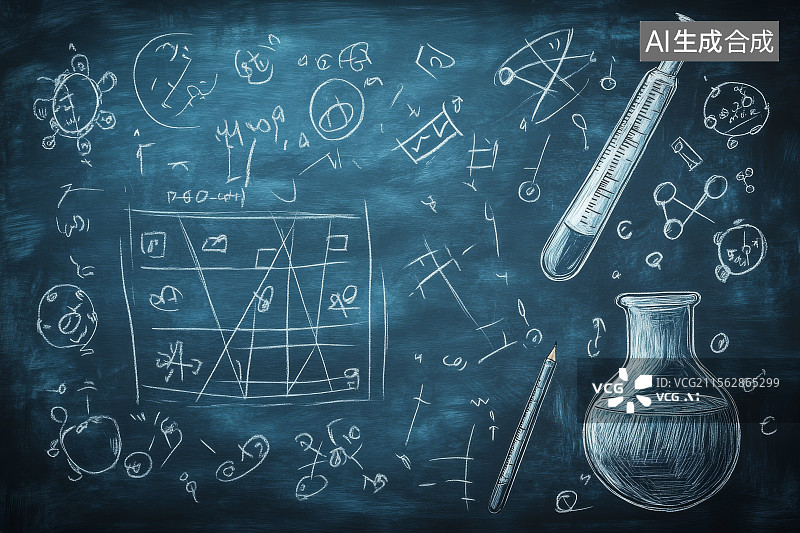 【AI数字艺术】化学公式和实验器具的黑板画图片素材