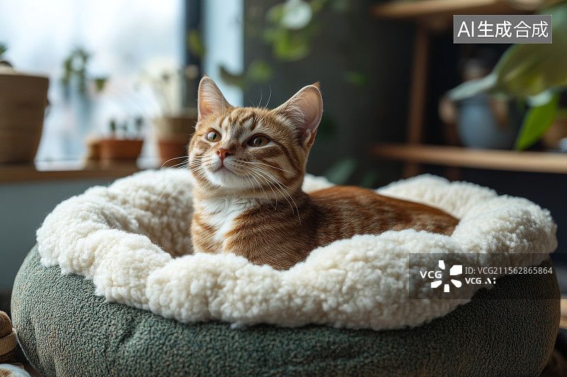 【AI数字艺术】橙色小猫坐在毛绒宠物床上图片素材