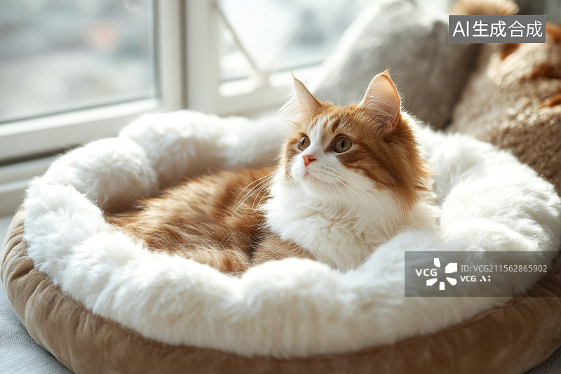 【AI数字艺术】橙白相间的猫躺在毛绒宠物床上图片素材