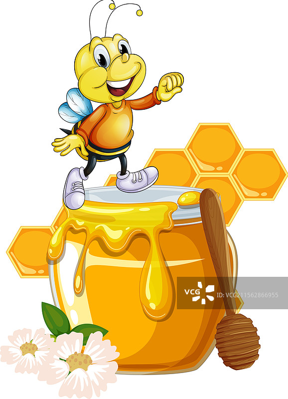 一只快乐的蜜蜂站在蜂蜜罐上图片素材