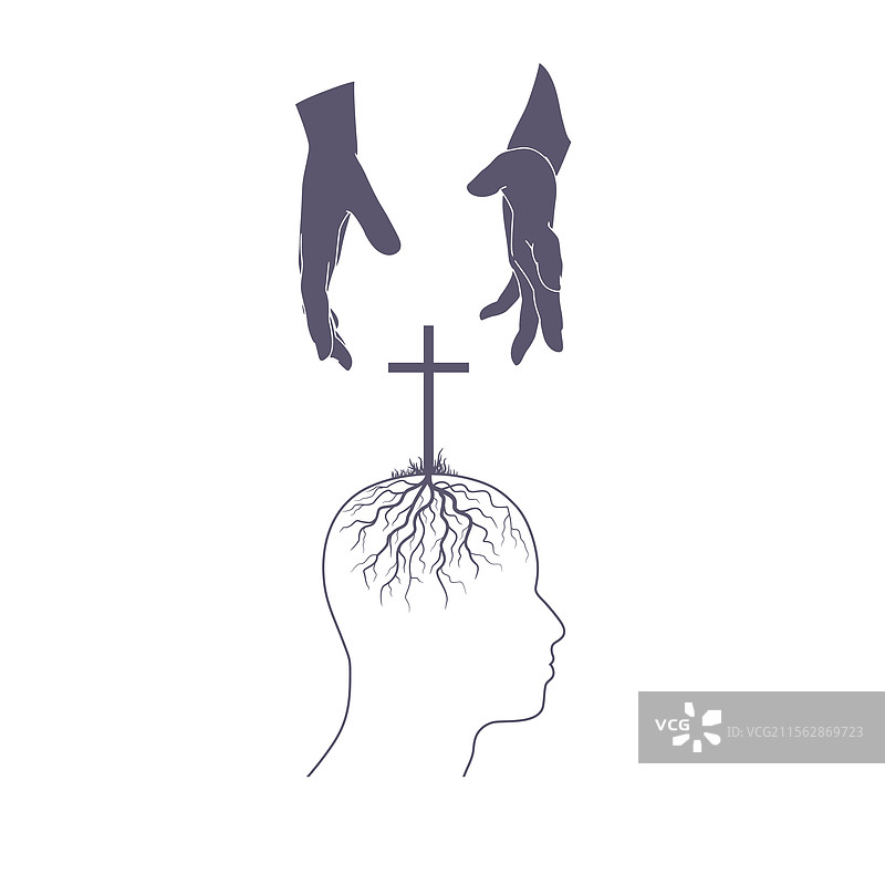 基督教十字架扎根于男性头部，给予双手图片素材