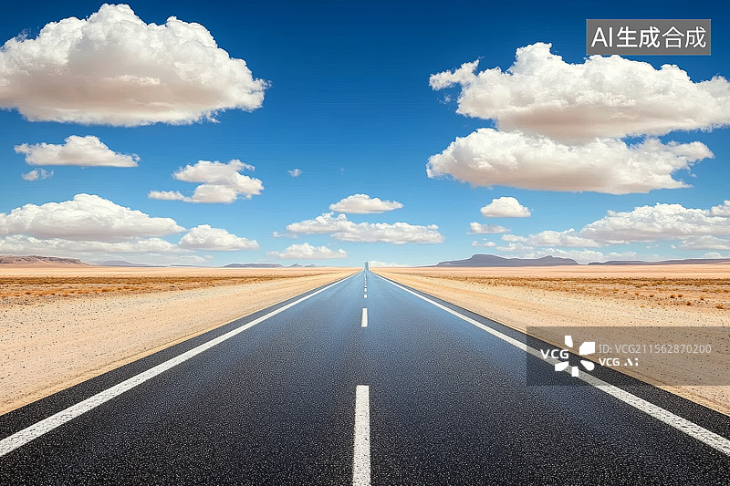 【AI数字艺术】沙漠中的笔直公路图片素材