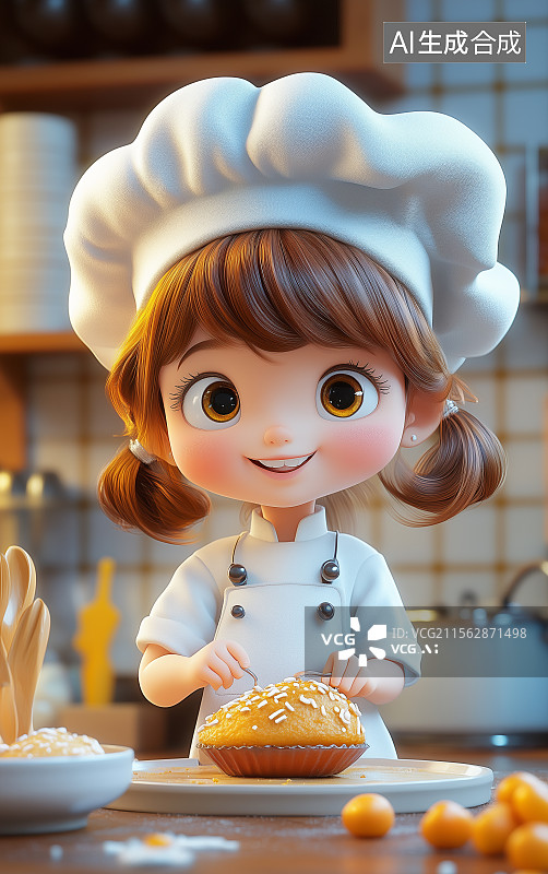 【AI数字艺术】一个在做蛋糕的3D可爱小女孩图片素材