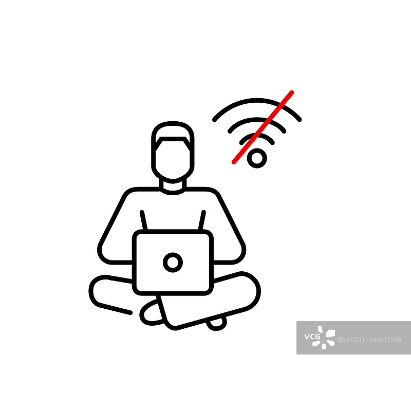男子在笔记本电脑上工作，显示无Wi-Fi符号离线状态图片素材