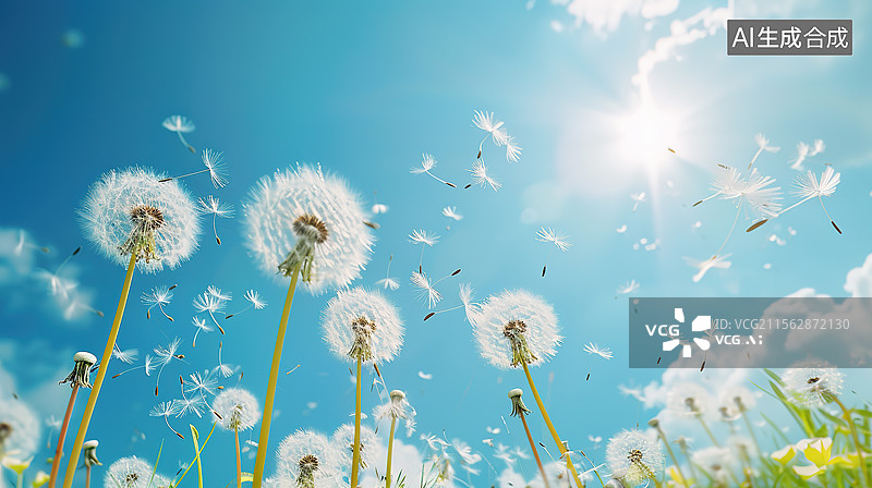 【AI数字艺术】蓝天背景下飞舞的蒲公英图片素材