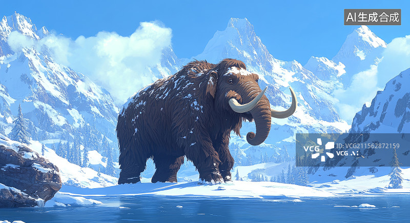 【AI数字艺术】雪山下的猛犸象图片素材