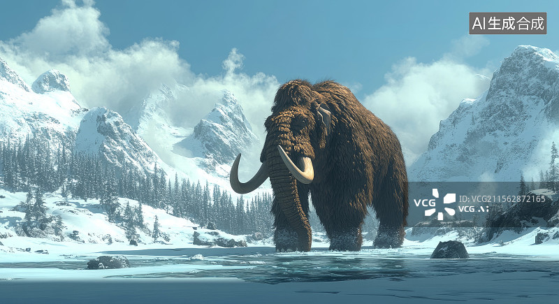 【AI数字艺术】雪山下的猛犸象图片素材