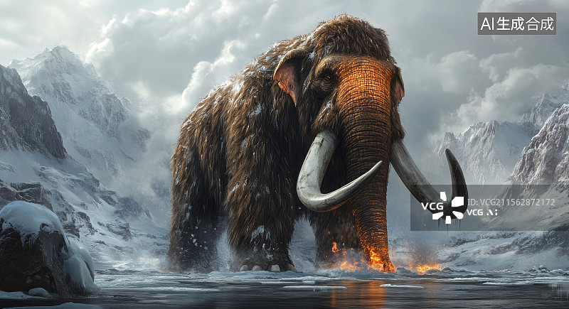 【AI数字艺术】雪山下的猛犸象图片素材