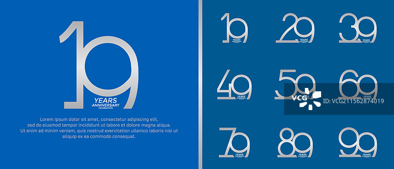 蓝色背景上的银色周年纪念标志组合图片素材