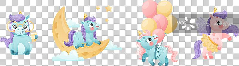 可爱的独角兽，扭曲的角和鬃毛正在参与图片素材