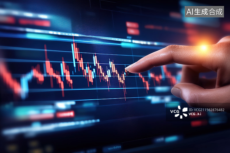【AI数字艺术】股票经纪人手指着股票大屏幕上的K线图——股市金融概念图片素材