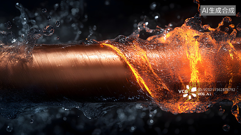 【AI数字艺术】燃烧的金属管道与水花四溅图片素材