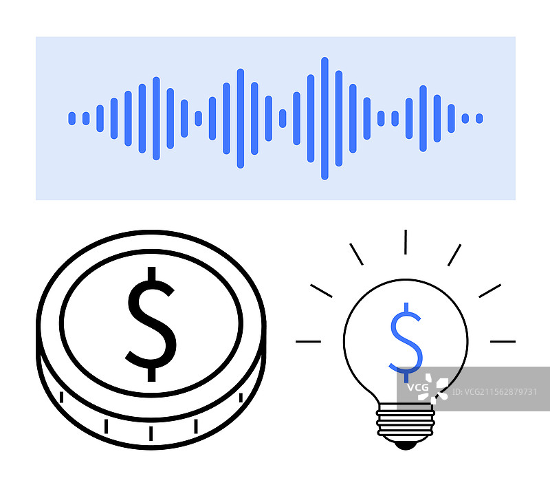 声波、美元硬币和灯泡图片素材