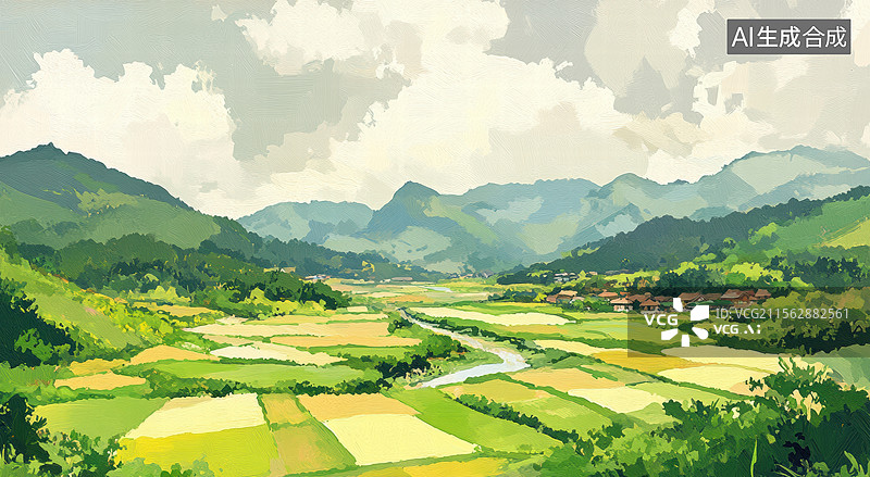 【AI数字艺术】山谷间的金色田野图片素材