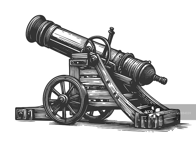 古老的火炮放在木制马车上图片素材