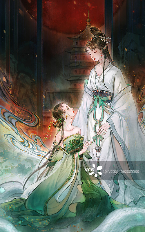 白蛇传青蛇白蛇穿汉服的女子-古风水墨国风图片素材