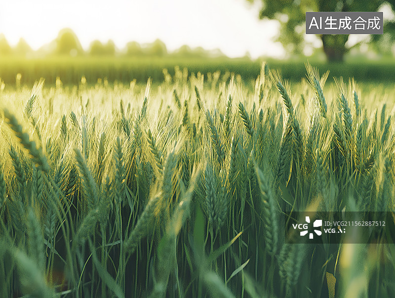 【AI数字艺术】田地里未成熟的绿色小麦；即将成熟的绿色麦田图片素材