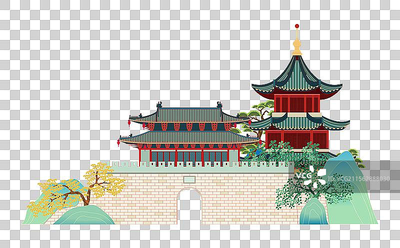 国风国潮风古风城市建筑插画元素矢量—扬州东关街东门城楼 四望亭图片素材