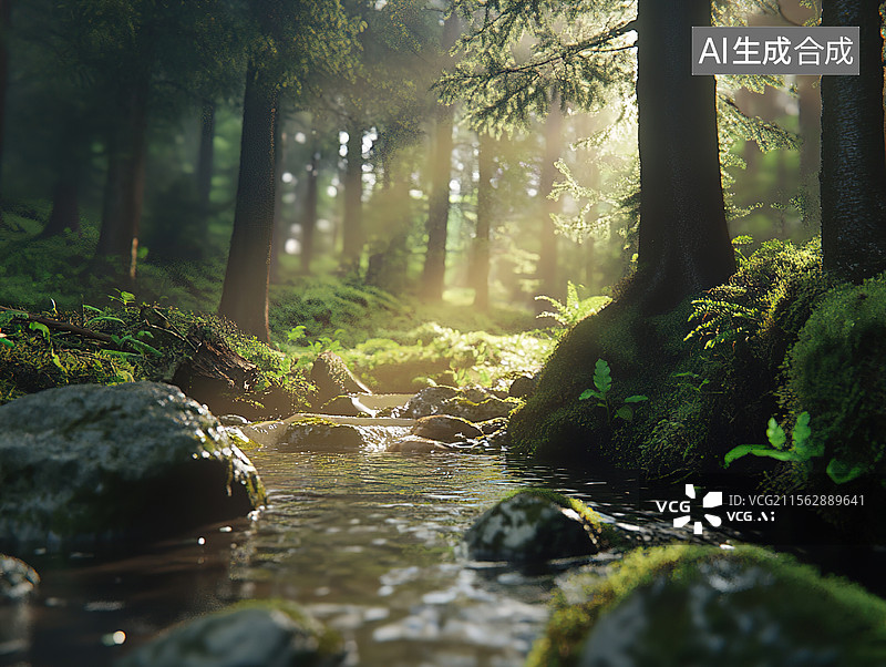 【AI数字艺术】丁达尔光线照射的热带雨林；光线照射在森林中的流水和石头上图片素材