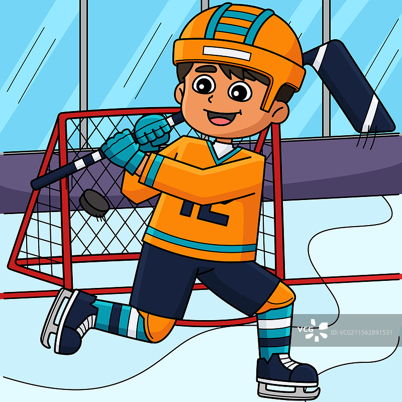 冰球男孩运动员进球的彩色卡通图像图片素材