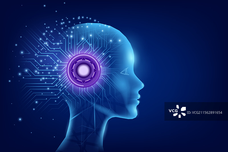 带有电路的类人AI机器人面孔图片素材