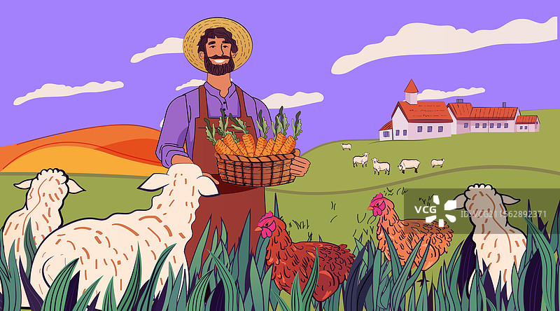 农民手持胡萝卜，周围是农场动物图片素材