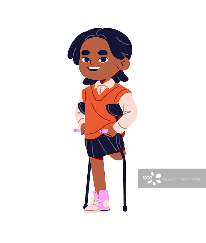 可爱的残疾儿童没有腿，依靠拐杖。图片素材