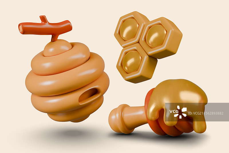3D填充六角蜂窝与蜂蜜蘸棒图片素材