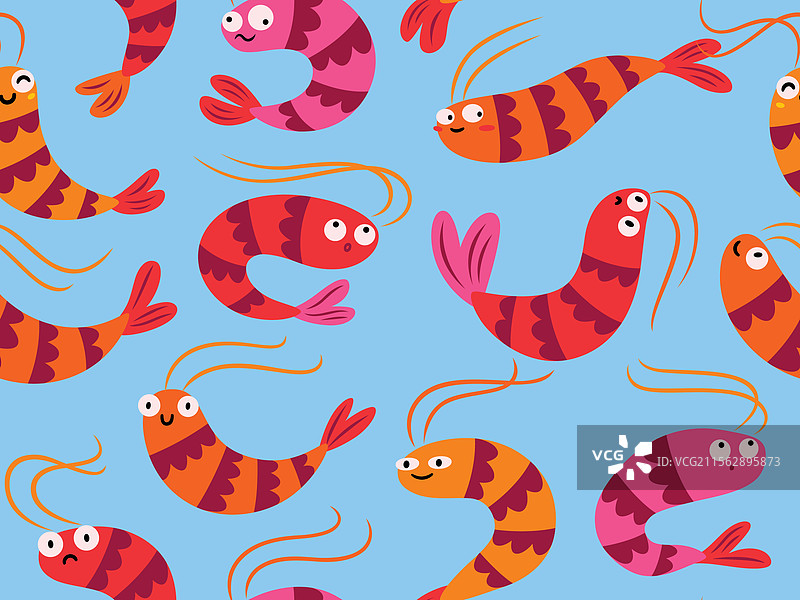 蓝色背景上的卡通虾无缝图案图片素材