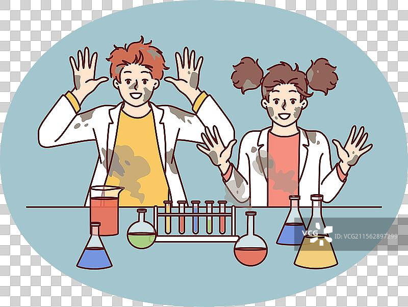 有趣的孩子们在实验室里举手。图片素材