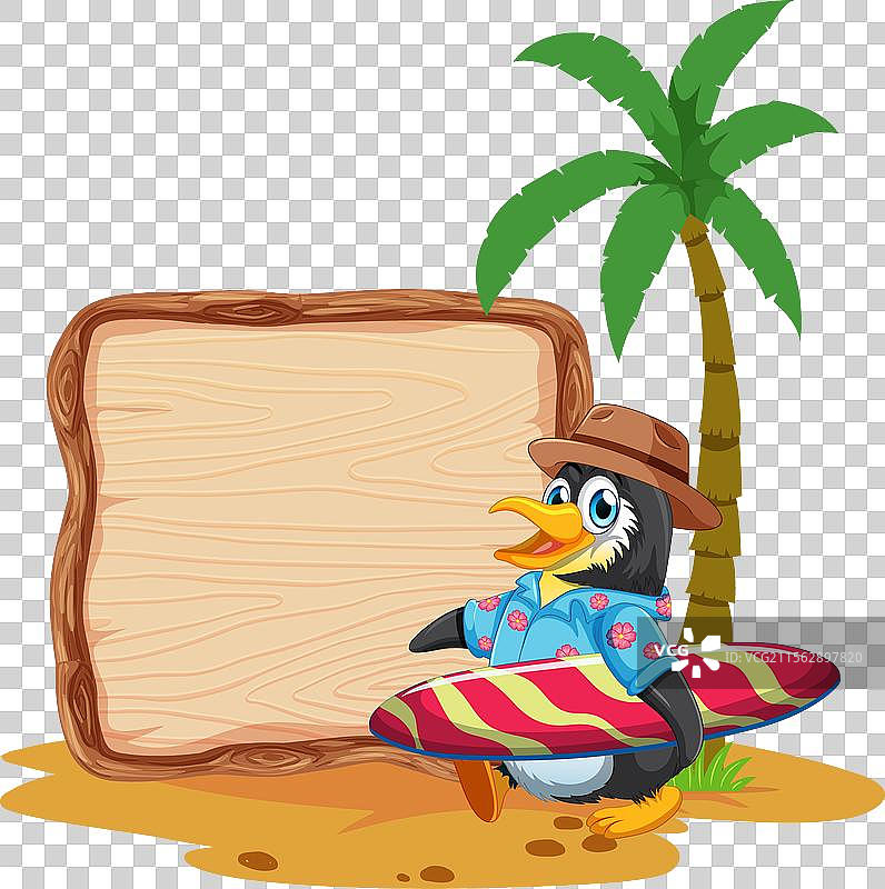 穿着海滩服装的卡通鸭子在木牌旁边图片素材