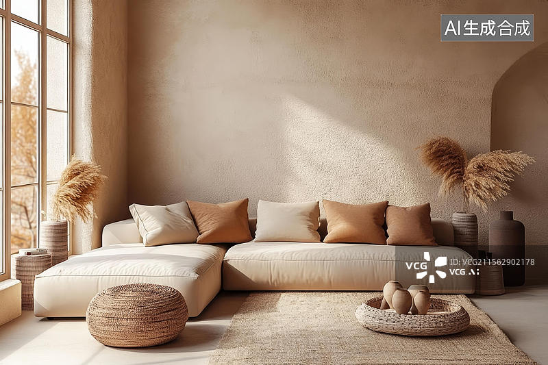 【AI数字艺术】极简米白色调客厅设计图片素材