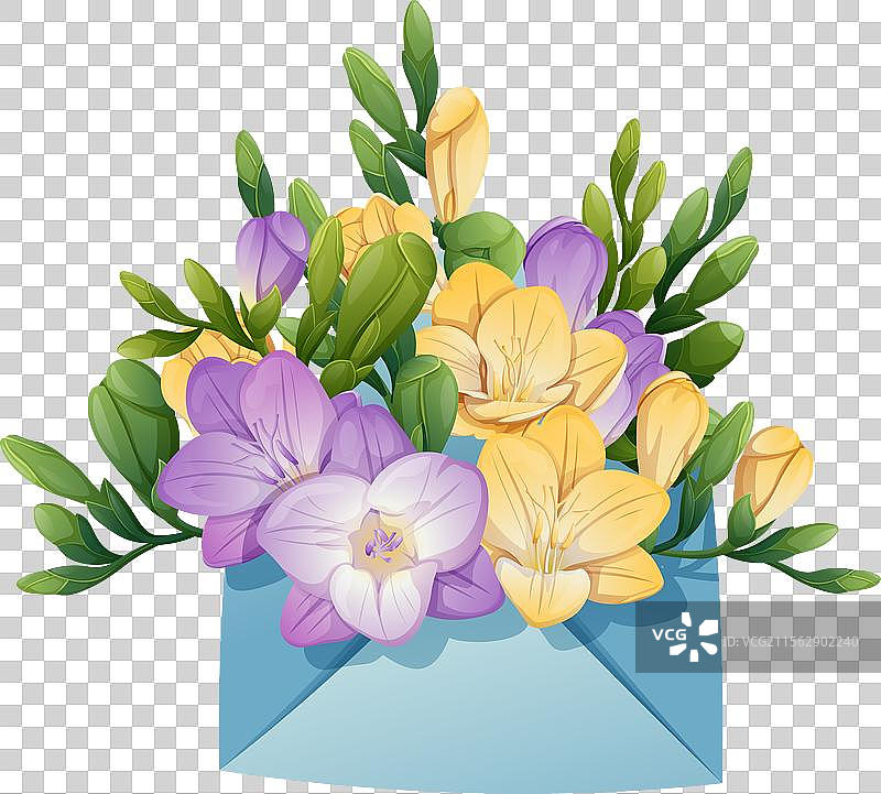 带有香雪兰的信封，背景为纯色。图片素材