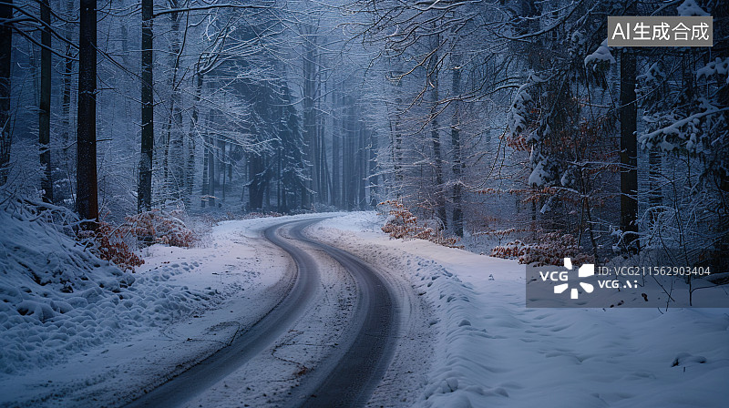 【AI数字艺术】冬季森林中被雪覆盖的公路图片素材