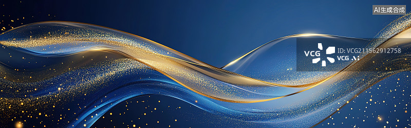 【AI数字艺术】蓝色背景、金色绸带波浪、蓝金色渐变背景宽屏图片素材