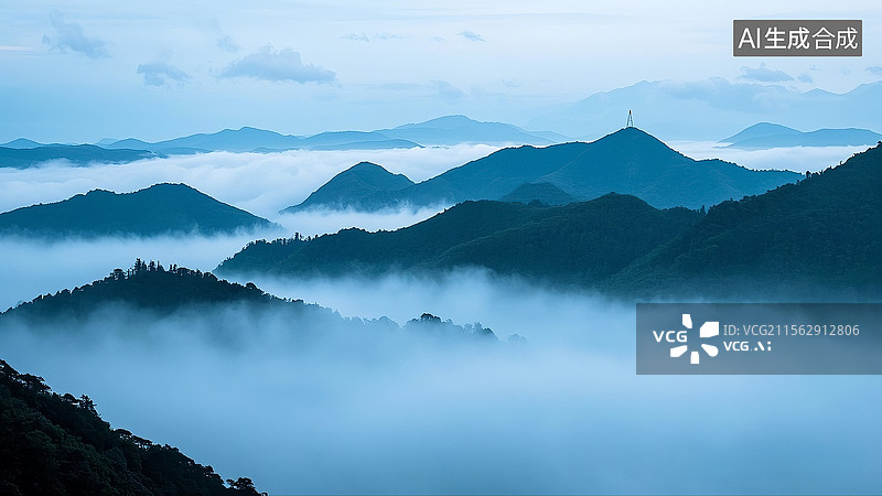 【AI数字艺术】雾气缭绕的丘陵群山 商业素材元素 插画 背景图片素材