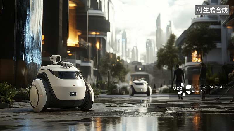 【AI数字艺术】白色送货机器人在未来城市街道中运行图片素材