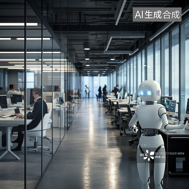 【AI数字艺术】办公空间中机器人自主穿行执行任务的现代场景图图片素材