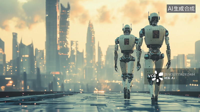 【AI数字艺术】机器人背对镜头行走于科幻城市天际线的黄昏场景图片素材