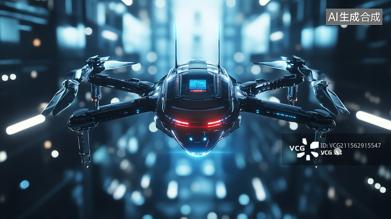 【AI数字艺术】高速飞行无人机悬停于夜晚城市通道的科技图像图片素材