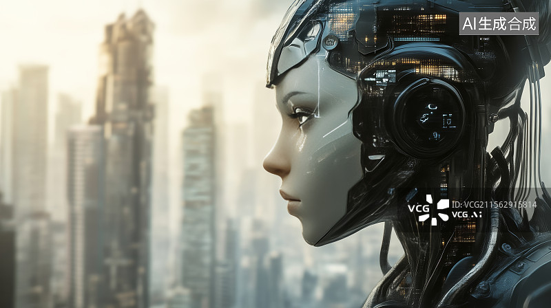 【AI数字艺术】未来城市背景中女性仿生机械头部的侧脸科技图像图片素材