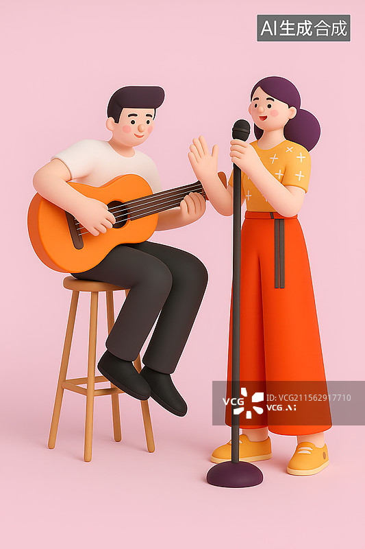 【AI数字艺术】弹吉他男孩和唱歌女孩3d插画图片素材