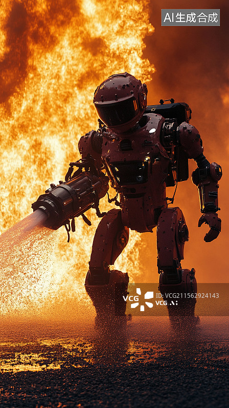 【AI数字艺术】人形机器人系列消防救援耐高温机器人灭火救援3D渲染图片素材