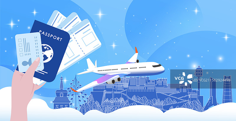 西藏旅游假期休假出行国内游乘坐飞机直达护照机票图片素材